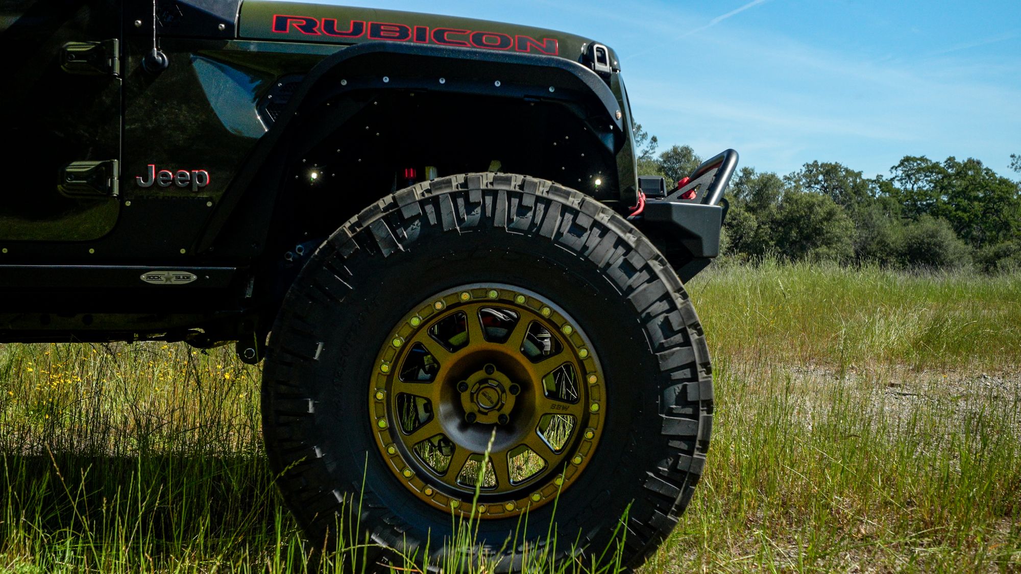 Front fender, wheel, and rock slider detail